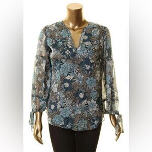 NWT Jones New York SZ 1X Blue Floral Multi Combo Tie Sleeve Blouse